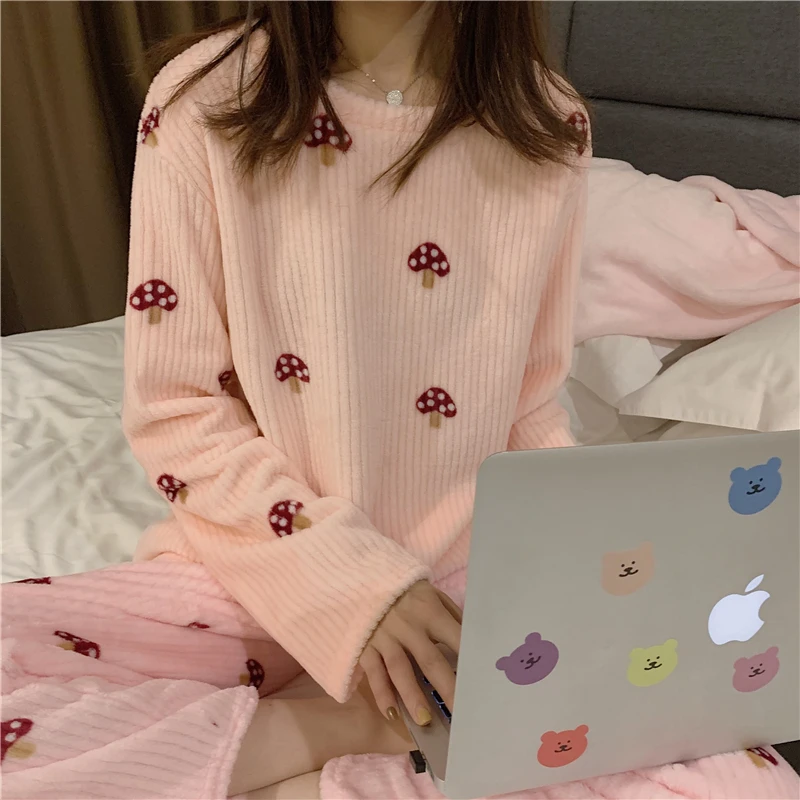 Women Pajama Sets Mushroom Print Long Sleeve Fashion Casual Loose Sweet Kawaii Korean Style Coral Fleece Soft Thicken Womens