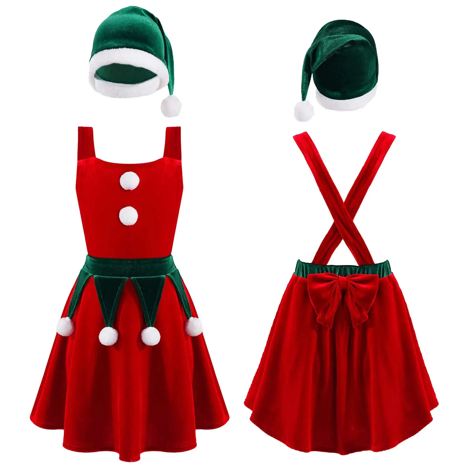 

Baby Girl Christmas Dress Red Velvet Kids Girls Elf Costume Straps Cross A-line Dress With Hat Set Xmas Party Outfit 1-8 Years