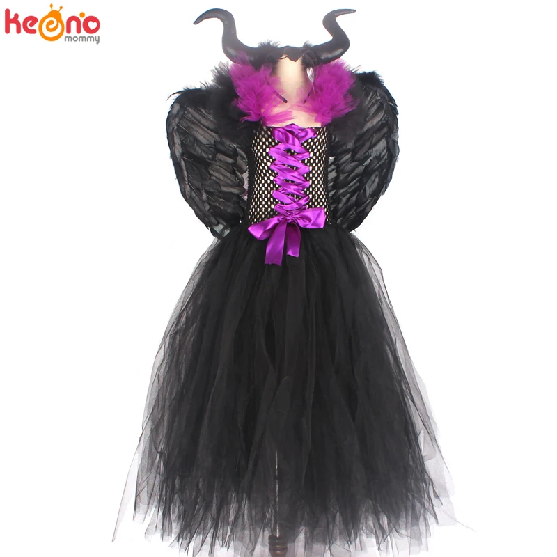 Evil Queen Black Gown Tutu Dress with Deluxe Horns and Wings Girls Villain Fancy Dress Kids Halloween Cosplay Witch Costume