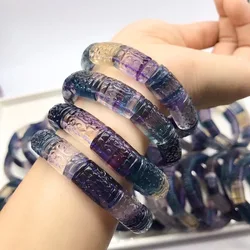 Natural Colorful Fluorite Crystal Carved Meander Pattern Single Circle Bracelet Hand String Lucky Wealthy Jewelry