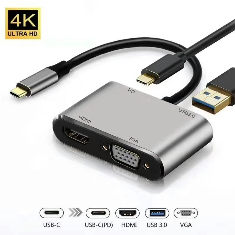 USB Type C 3.1 to HDMI-Compatible  4K VGA 1080P USB 3.0 Hub Thunderbolt 3 USBC 60W PD Port Splitter Cable for Macbook Pro/XPS 13