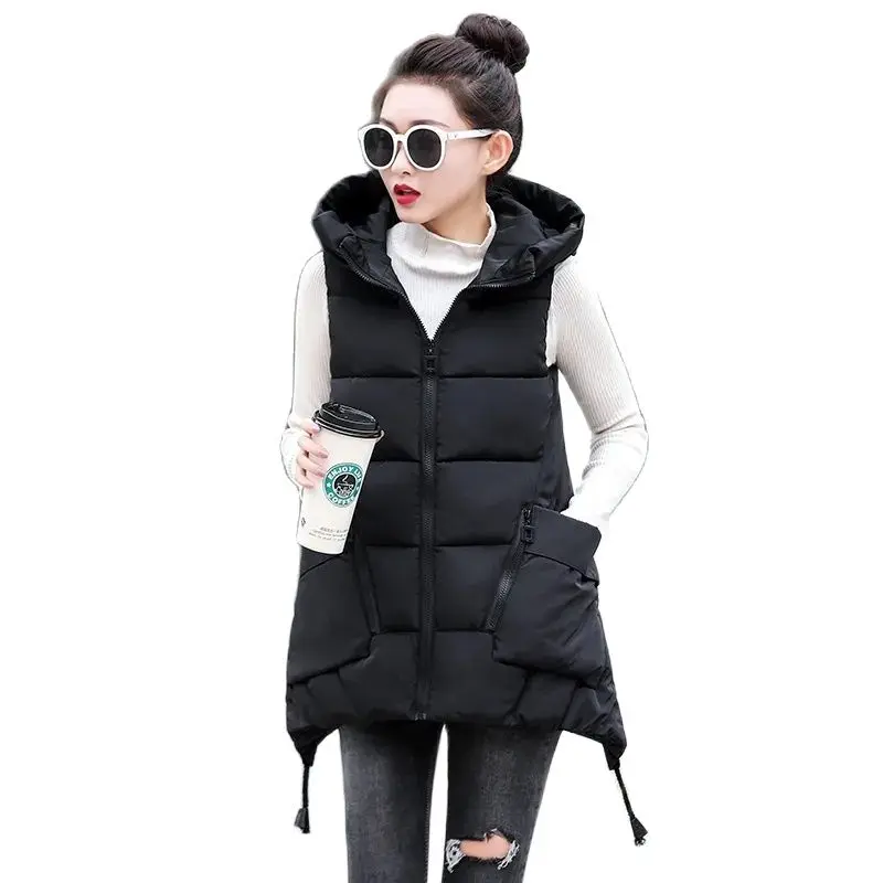 Korean Women Cotton Vest Women's Cotton Coat Sleeveless Winter Jacket Mid-Length Hooded Girl Student Down Cotton Vest All Match