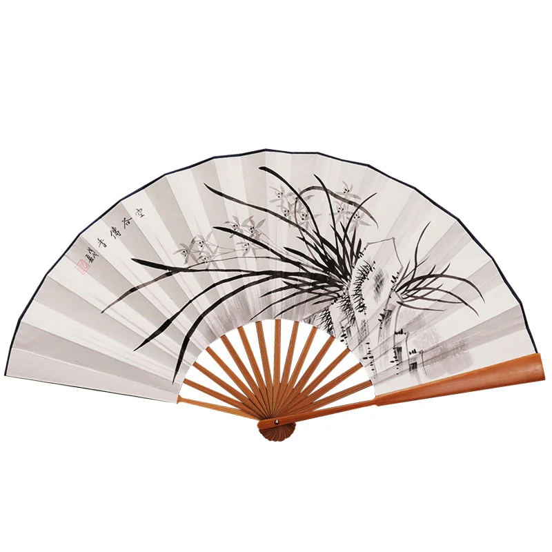 Chinese Retro Xuan Paper Fan 33cm Classic Gentleman Foldable Hand Fan Hand Painting Foldable Big Paper Fan Abanicos Para Boda