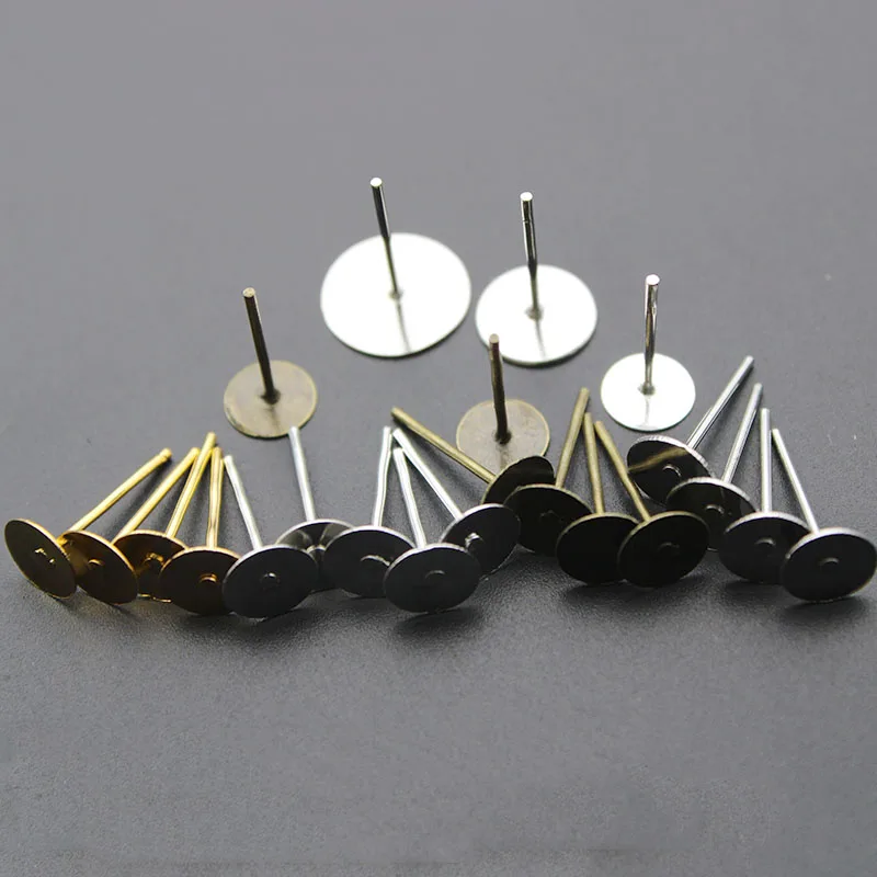 

200pcs/lot Silver Gold Plated Blank Post Earring Studs Pins 4 6 8 10 mm Flat Round Tray Base Ear Jewelry Findings DIY Component