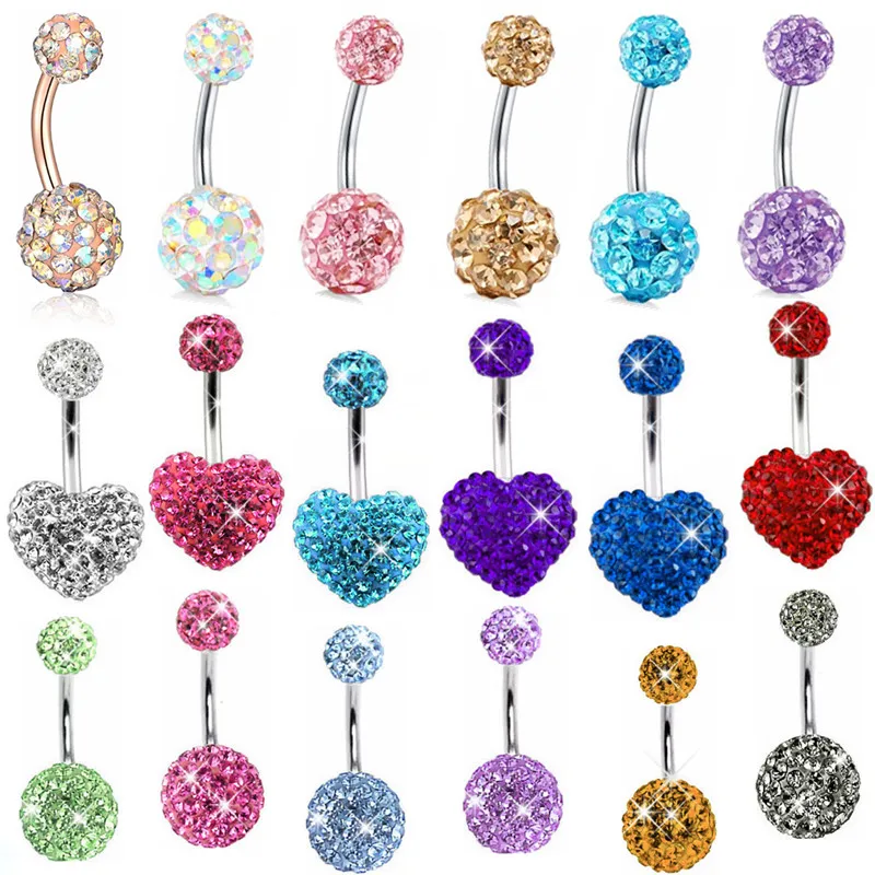 1/2Piece Stainless Steel Crystal Belly Button Piercing Bar 14G Cute Belly Ring Shiny Sexy Navel Piercing Bar Body Jewelry Lot