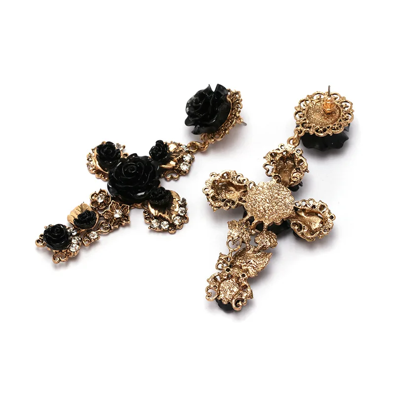 Romantic Fashion Black Red Rose Flowers Cross Earrings Gold Color Filigree Floral Resin Cross Drop Earrings for Women Brincos