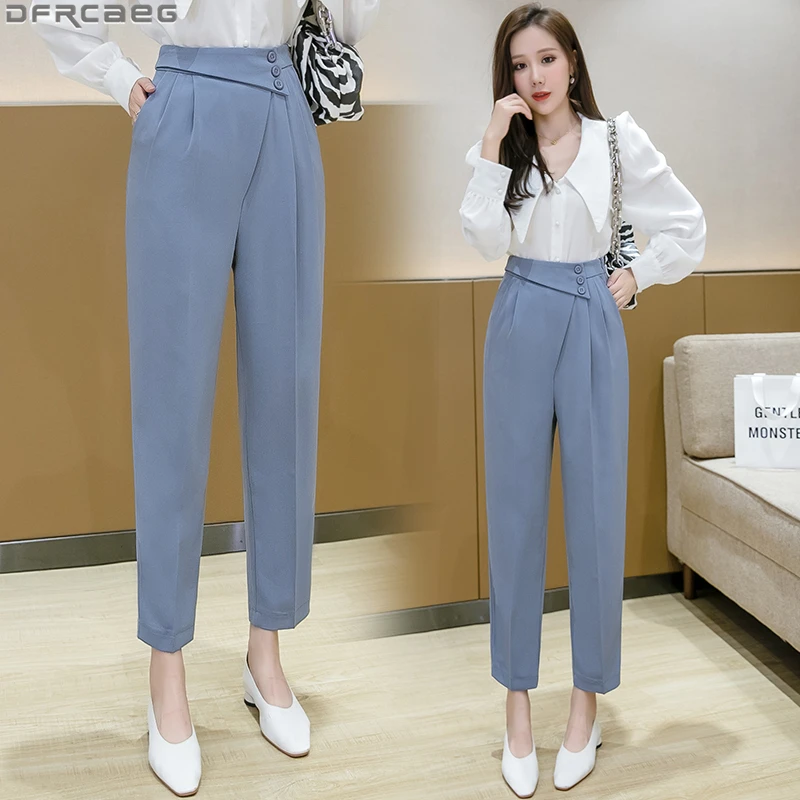 Fashion Korean Streetwear Harem Trousers Women 2020 Autumn Loose High Waisted Ladies Pants Baggy Solid Blue Black Beige Pants