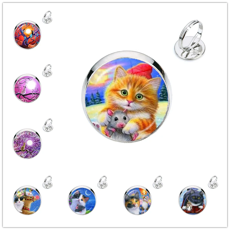 2021 Cartoon Animal Glass Cabochon Rings Fashion Jewelry Cute Cat Jewelry For Women Men Kids Gift