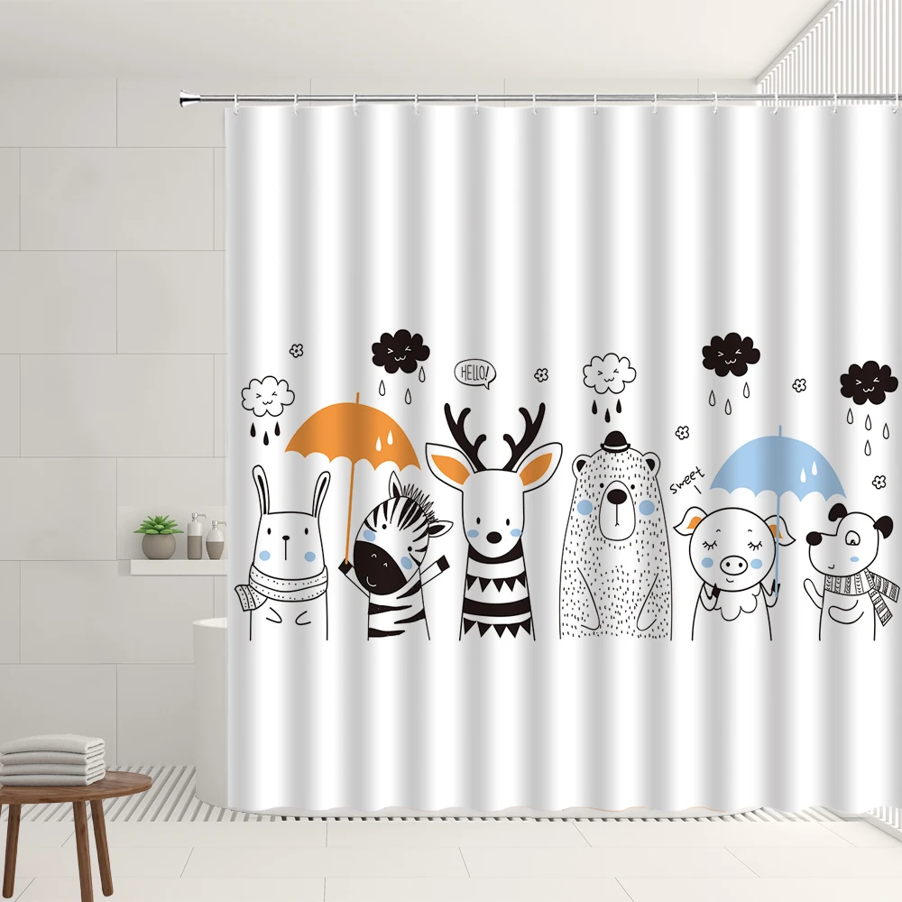 Cartoon Animals Shower Curtains Cute Dog Elk Bear Zebra Simple Painted Boy Girl Gift Fabric Children Bathroom Curtain With Hooks