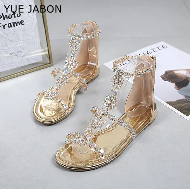 Gold Blue Flats Women Sandals Open Toe Ankle Boots Sandal Woman Crystal Sandalias Bling Flip Flops Summer Shoes Zapatos Mujer