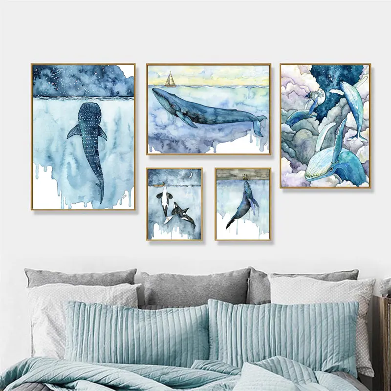 

Nordic Style Sea Whale Wall Art Pictures Boat Animal Canvas Painting Watercolor and Prints for Living Room Poster Home Decor