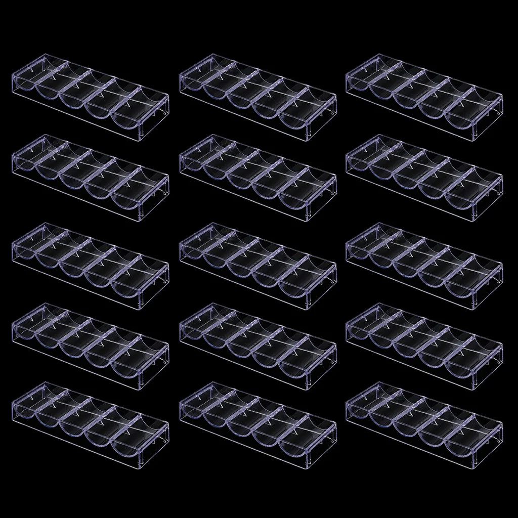 15Pieces Acrylic Poker Chips Tray Storage Case 100 Chips for Casino Game