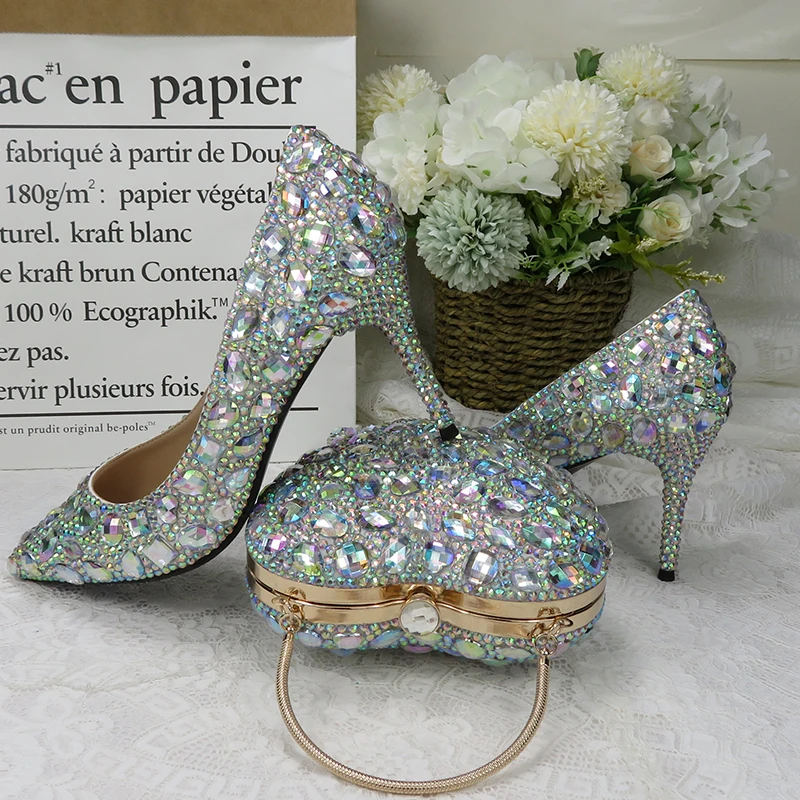 AB crystal royal blue Fucshia Heart handbags and shoes woman Luxury Wedding shoes Ankle strap Ladies Party shoe female view 5