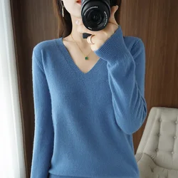 Herbst Winter neue Wolle Pullover Frau V-Ausschnitt einfarbig Pullover Spitze Kragen lässig gestrickte Tops weiblichen Boden Pullover