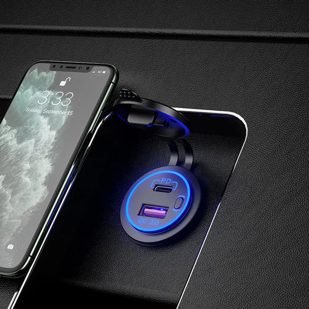 防水12v 24v QC3.0 usbタイプc pd高速車の充電器の電源スイッチとトラックオートバイマリンボートsuv atv携帯電話