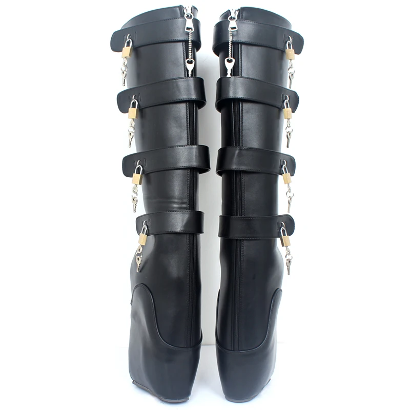 Women Knee-High Boots 7\' Super High Wedge Ballet Heel Lockable Boots With Padlocks Custom Colors