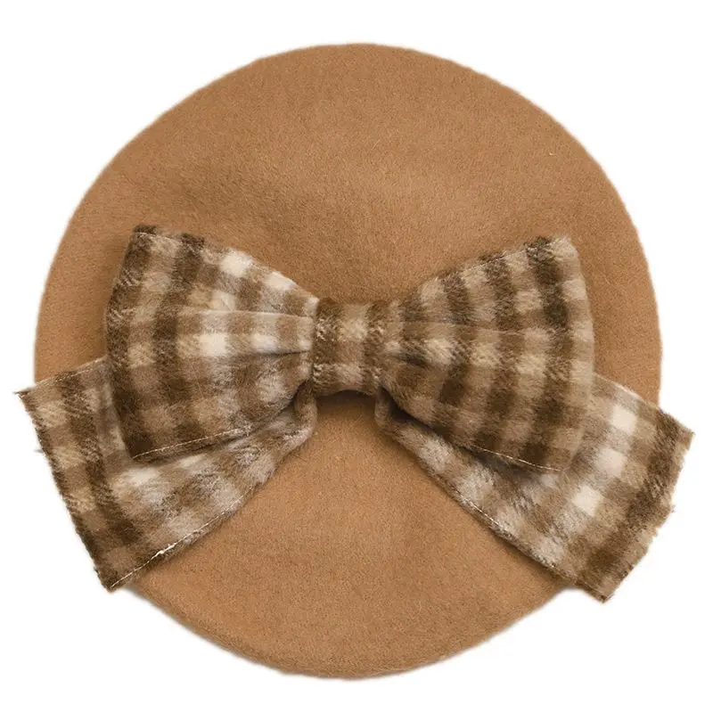 Plaid beret British fashion Japanese woolen bow hat female autumn and winter joker