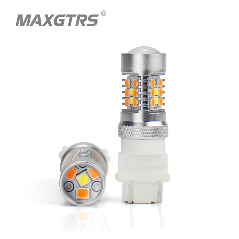 2x T25 3157 3156 P27/7W Dual Color Type White Amber Yellow Switchback LED 3030 28smd LED DRL Turn Signal Parking Light Bulbs