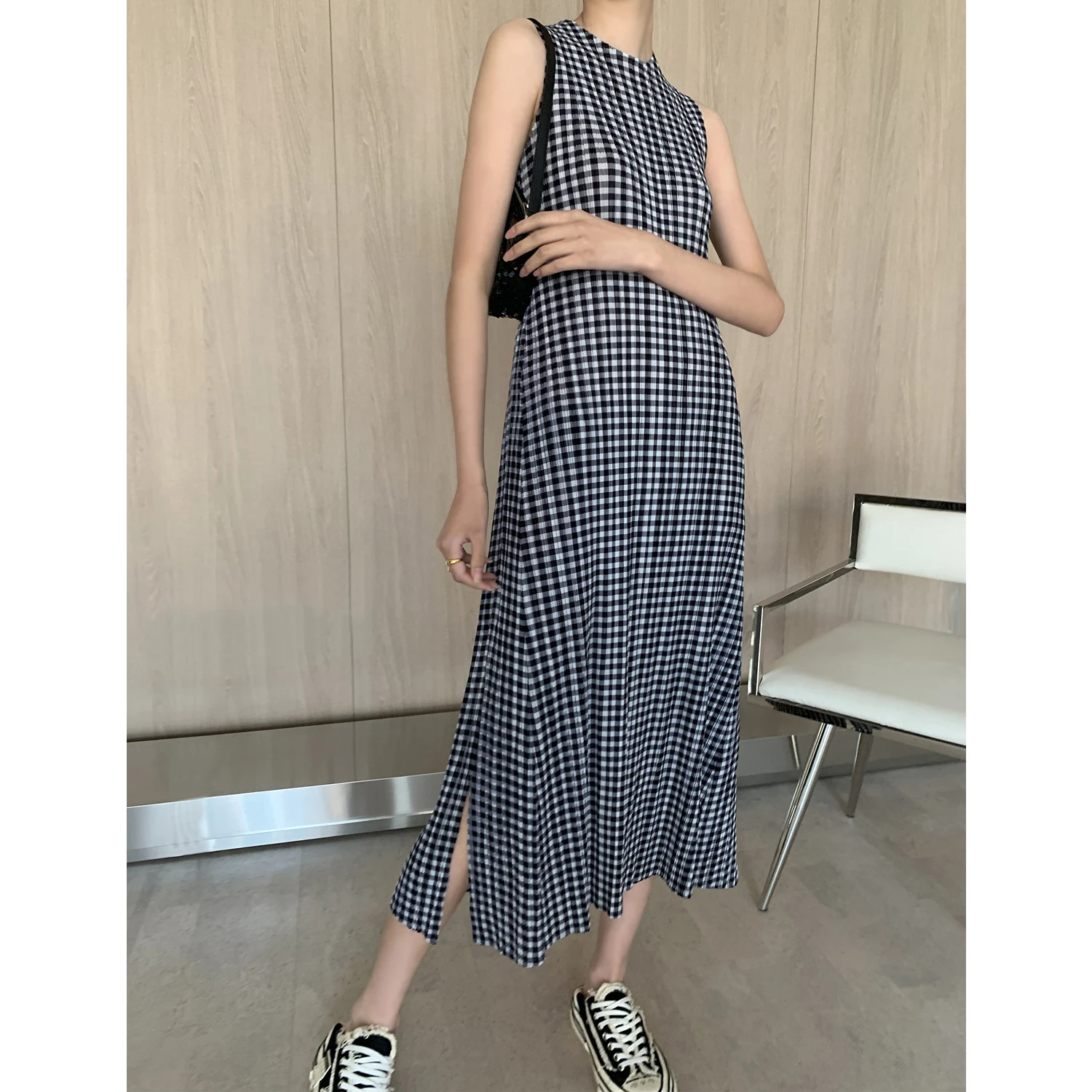 Summer New Miyak Pleated dresses for women Fashion Plaid sleeveless Slim High stretch female A-line DressTide