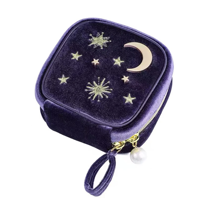 Blue Velvet Jewelry Storage 10*10cm Square Moon Star Embroidery Zipper Bags Necklace Bracelet Earring Organizer Carrying Case