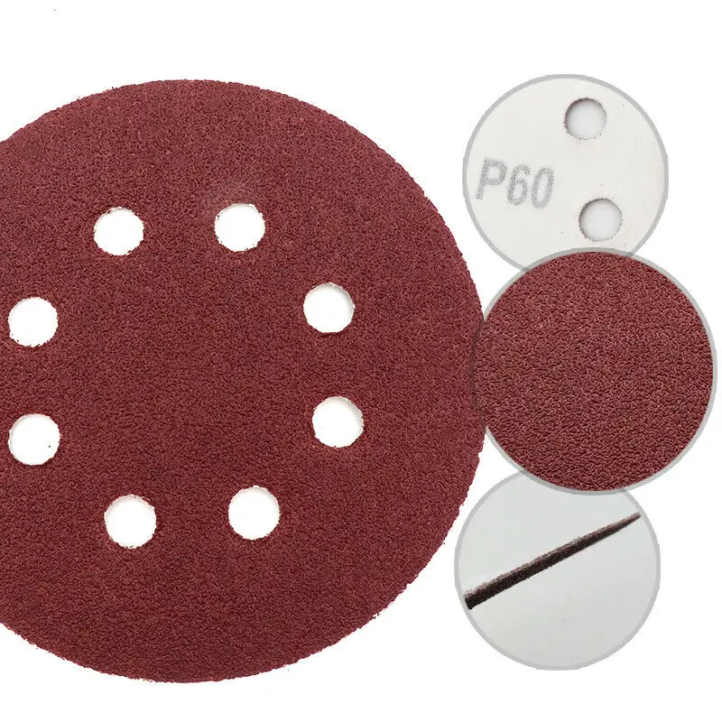 10 시트 5 인치 125MM 레드 샌딩 페이퍼 디스크 샌드페이퍼 60 ~ 2000 모듬 그릿 후크 루프 8 홀 연마 연마 도구