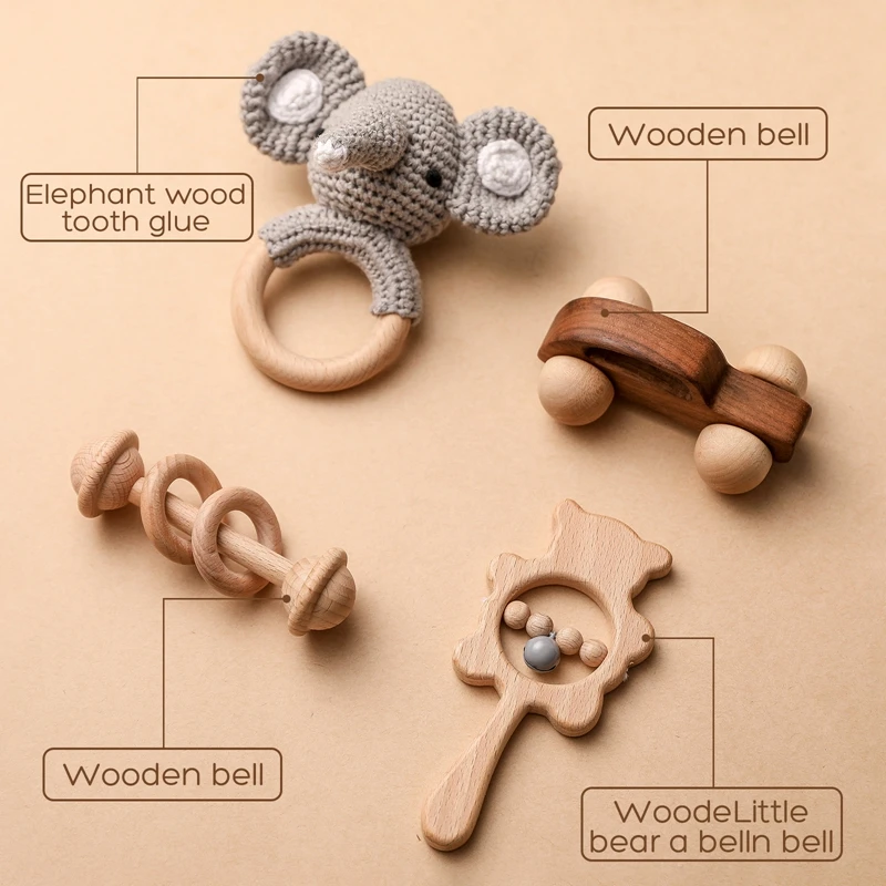 4Pcs/Set Baby Wooden Crochet Rabbit Rattle Toys Natural Wooden rodent Lion Teether Animal Rattle Montessori Toy Car Newborn Gift