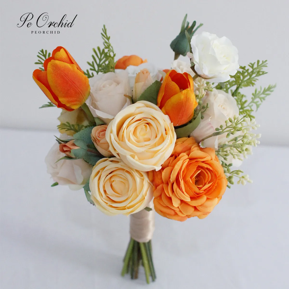 

PEORCHID Orange Fall Wedding Silk Flowers Bridal Bouquets De Rose Artificielle Mariage Artificial Tulip Rose Bride Faux Bouquet