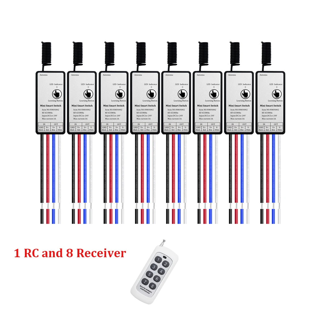 433MHz pilot bezprzewodowy RF 6/8 kanał/Gang/way nadajnik i DC6V 12V 24V odbiornik inteligentny dom Swicth dla światła/LED/