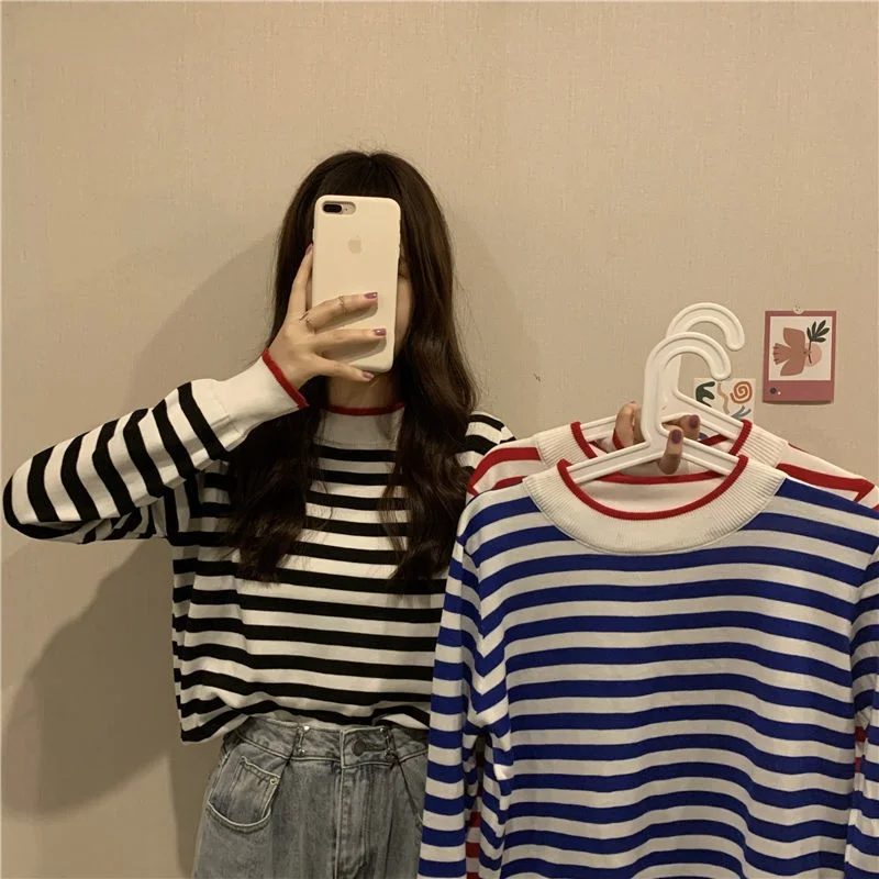 

Pullovers Women Spring Autumn Striped 3 Colors Simple All-match Fit Girl Cute Fashion Korean Style Leisure Comfortable Sweaters