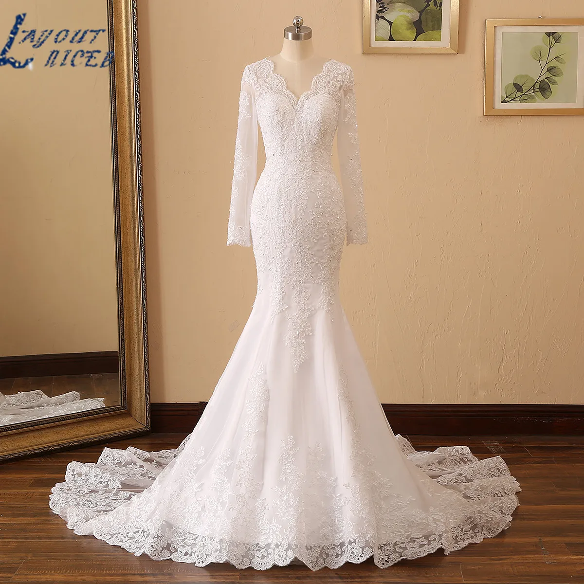 LAYOUT NICEB Sereia Vestidos de Casamento Mangas Compridas V Neck Beading Lace Applique Vestido de Noiva Personalizado Mulheres Civil Vestido De Noiva Sereia de casamento com mangas compridas V colarinho de pérolas com