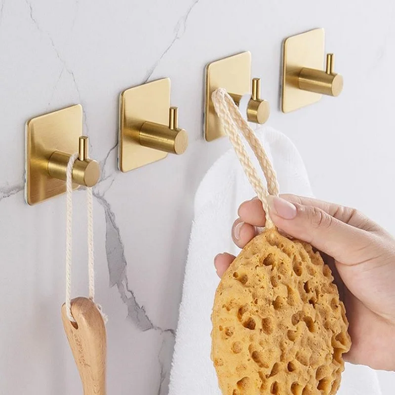 Gold Wall Mount towel Hook Door Clothes Coat Hat Hanger Hook Towel Clothes Robe Rack 3M Sticker Adhesive 4PCS