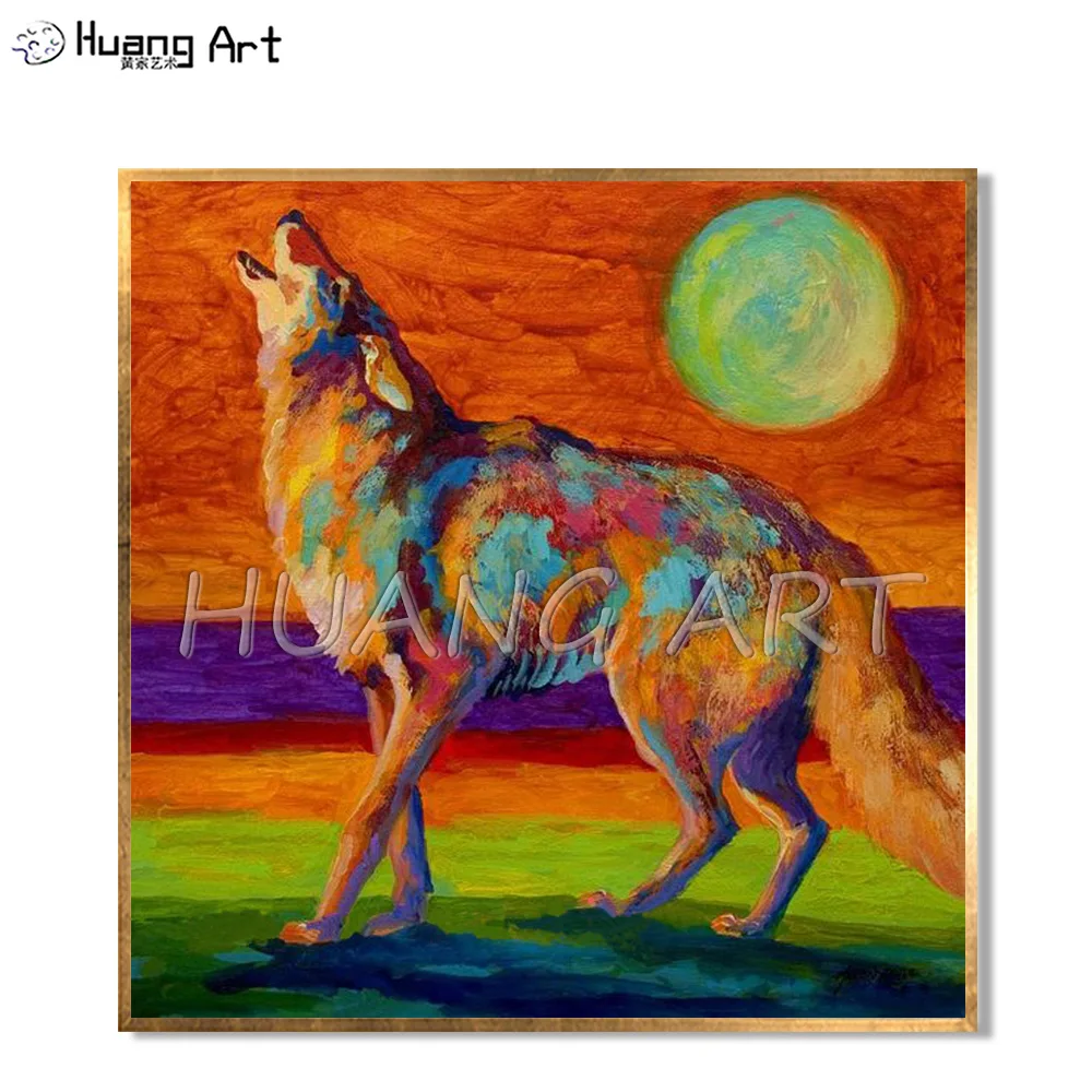 

Howling Wolf in full-moon Night Painting Handmade Modern Animal Oil Painting on Canvas for Wall Decor Colorful Wolf Painting