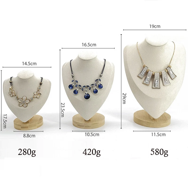 High Quality Show 3 Options Model Wooden Beige Velvet Jewlery Display Necklaces Bust Pendants Stand Choker Holder Jewlery Rack