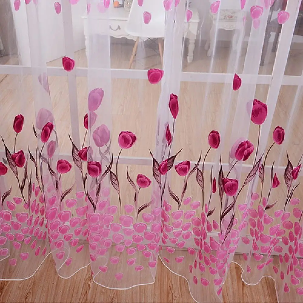 Window Curtains Romantic Tulip Print Voile Sheer Room Decor Curtain Drape Divider Valance Door Living Room Curtain