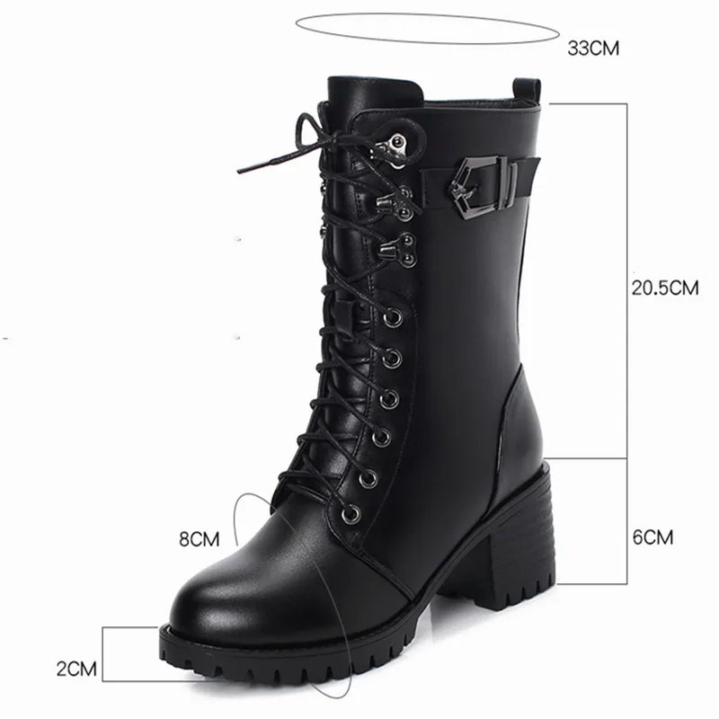 GKTINOO Boots Women Genuine Leather High-heeled Large Size Motorcycle Boots Women New Wool Warm Winter Boots for Women