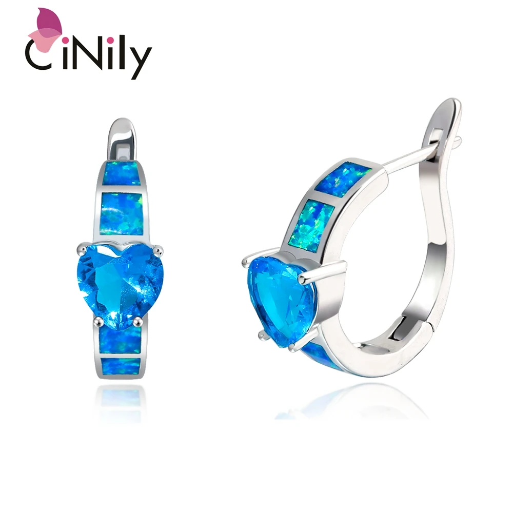 CiNily Created Blue Fire Opal Blue Zircon Silver Plated Earrings Wholesale Heart for Women Jewelry Hoop Earrings 1 1/8\