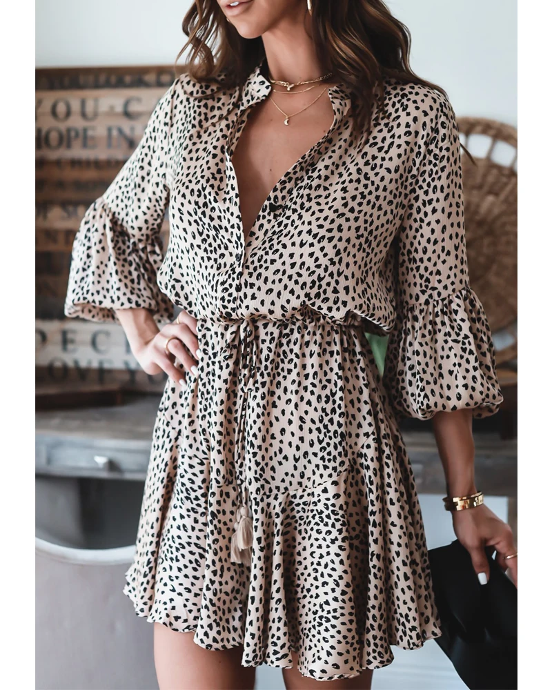 

Leopard Print Ruffles Dress Sexy Puff Long Sleeve Short Dresses Women Casual Loose Belt Dresses Lady Elegant Party Dress Vestido