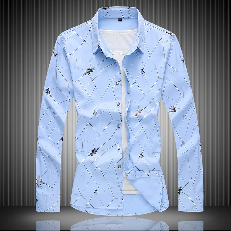 New Fall Men\'s Fashion Printed Casual Large Size White Black Blue Long Sleeve Shirt 5XL 6XL 7XL