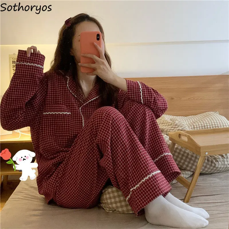 

Pajama Sets Women Retro Red Check Lace Plaid Cotton Breatheable V-neck Full Length Autumn Winter Fashion Cozy Sleepwear Lounge