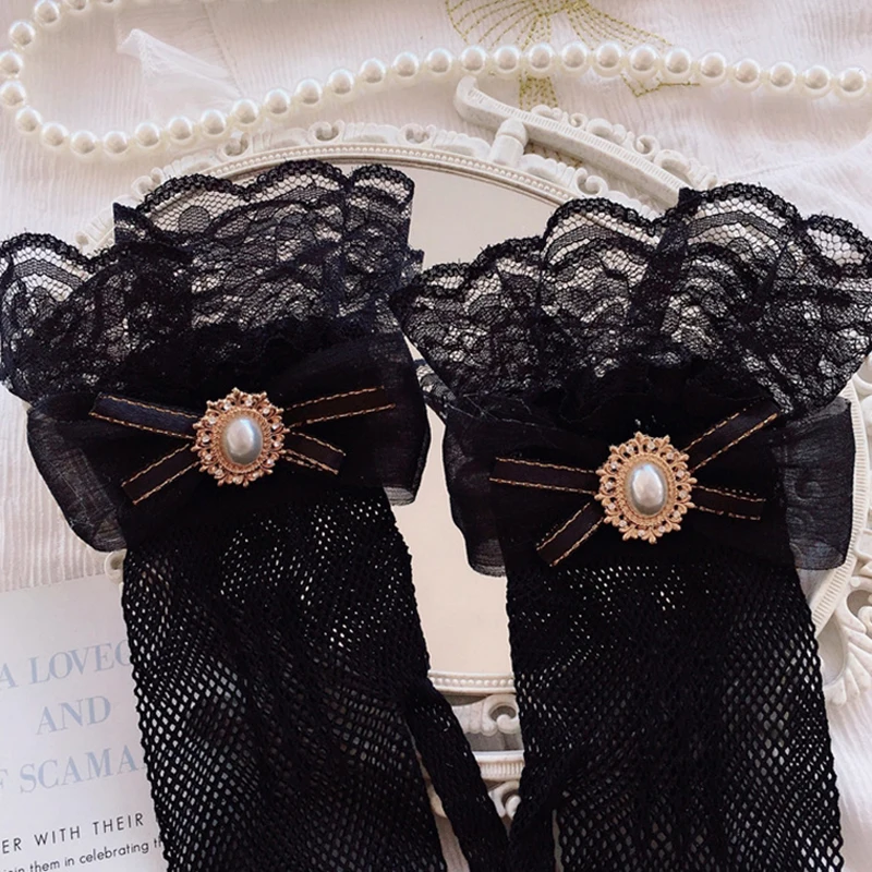 Elegant Ladies Short Lace Gloves Sheer Fishn Net Black White Prom Party Gloves Female's Fashionable Soild Color Floral Mittens