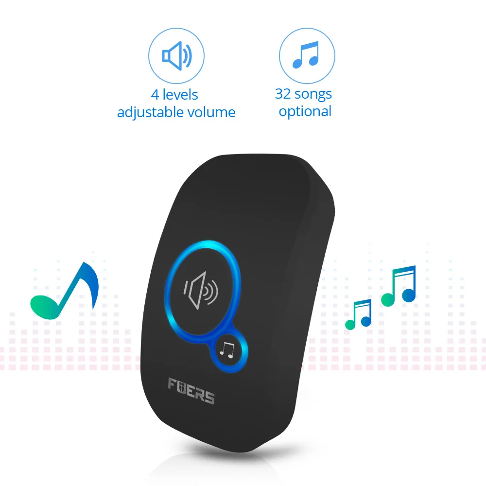 Fuers-Wireless Smart Doorbell para Home Bem-vindo, Longa Distância, Chimes, ringtone colorido, 32 Músicas, 150m