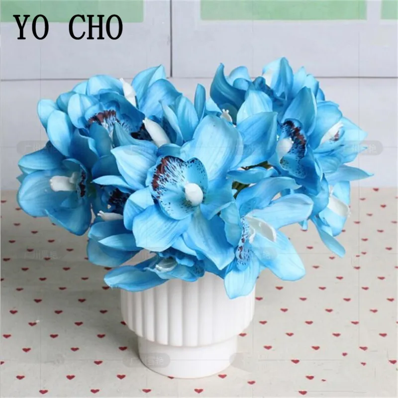 6pcs Plastic Orchid Artificial Flowers Bouquet White Big Faux Fake Flowers Home Decoration Wedding Party DIY Arrange Blue Flower