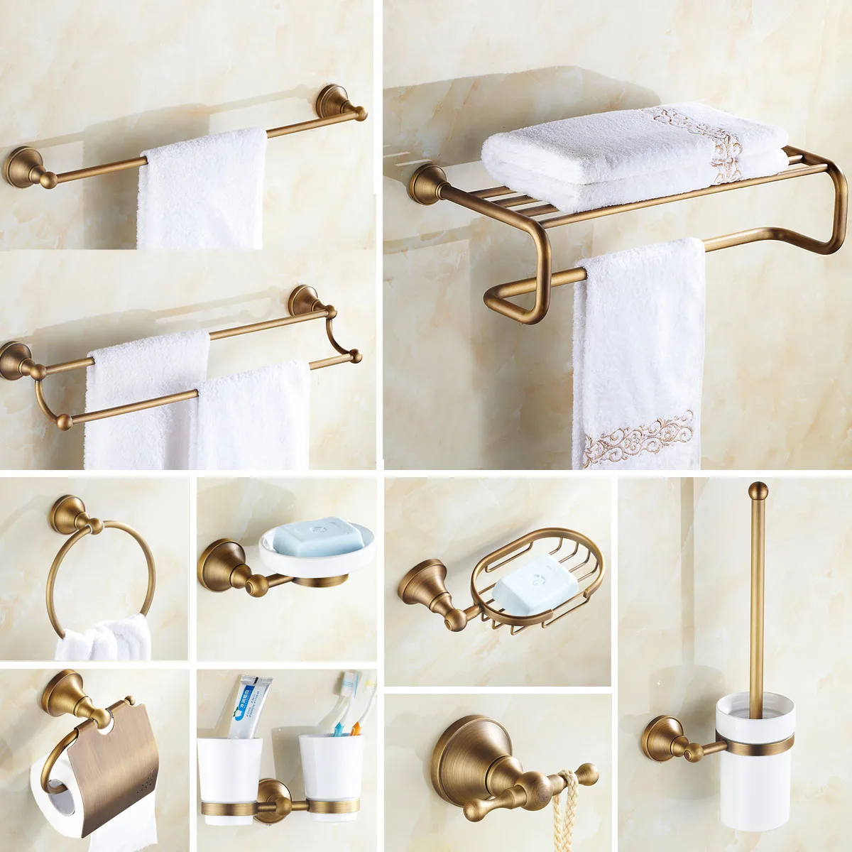 Bathroom Hardware Set Antique Brass Robe Hook Towel Rail Rack Bar Shelf Paper Holder Toothbrush Holder Bathroom Accessories