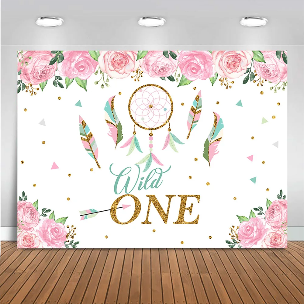 

Mocsicka Wild One Backdrop Photography Pink Rose Flower Baby Child One Birthday Party Photo Background for Photo Studio Feather