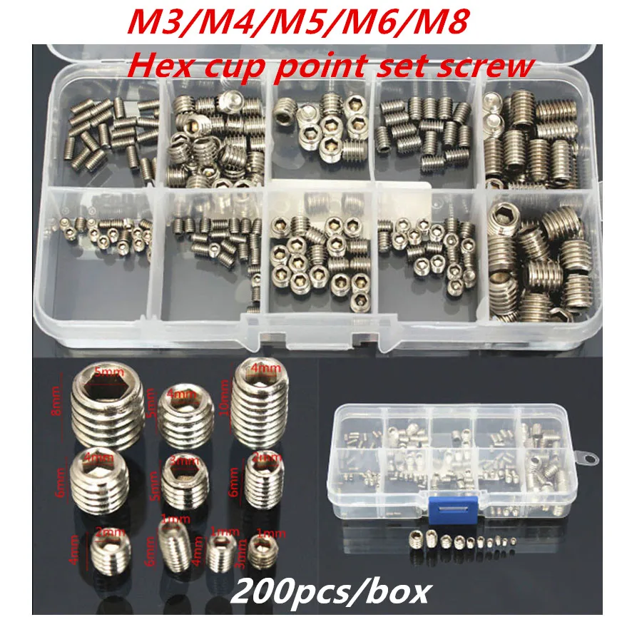 

200pcs/lot M3 M4 M5 M6M8 stainless steel 304 hexagon socket cup point head set screws grub screws assortment kit with box 142