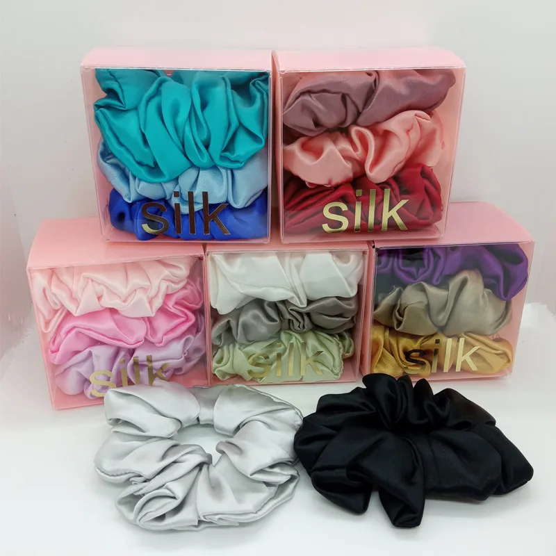 3pcs 3.5cm silk scrunchies pack elastic Hair bands 100% Real Silk Women Girl Hair Accessories lady hair hoop ties by packing box