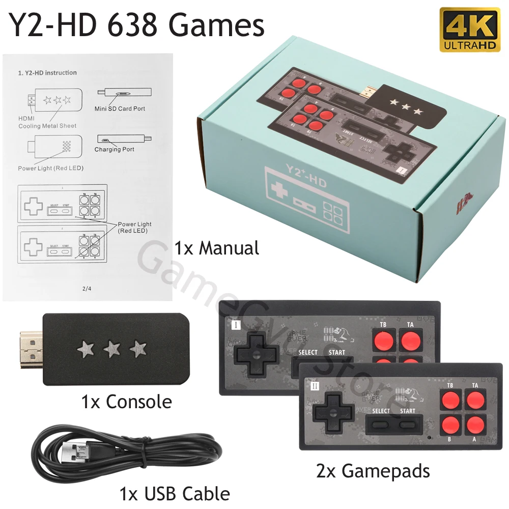 Mini 4K Video Game Console Dual Players and Retro Build in 638 Classic Games Wireless Controller HDMI-compatible AV Output