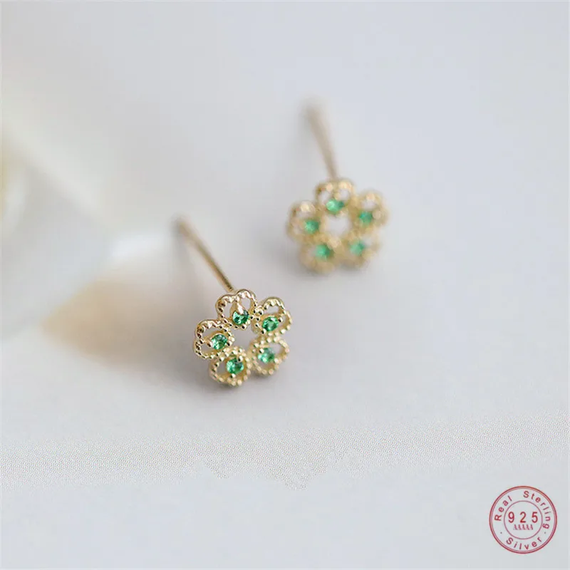 925 Sterling Silver French Simple Pavé Green Zircon Flower Stud Earrings Women Trend Charm Wedding Party Jewelry Gift