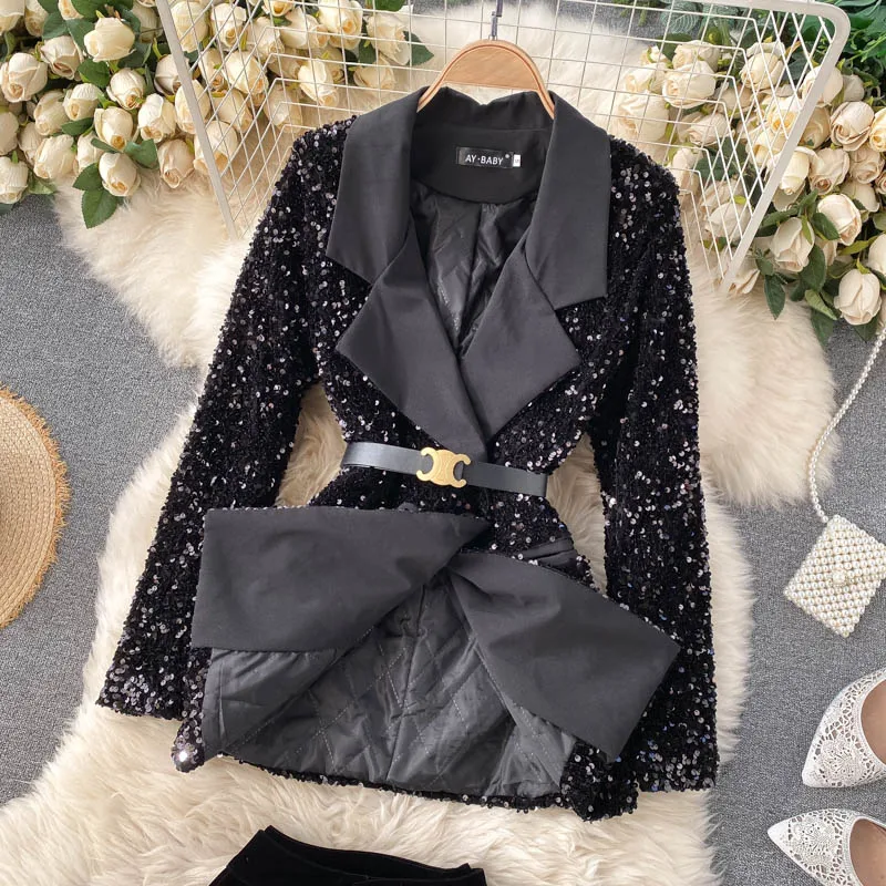 2024 spring autumn new double-breasted suit coat women bling glittering sequined suit jacket + wide leg shorts suit 2-piece set