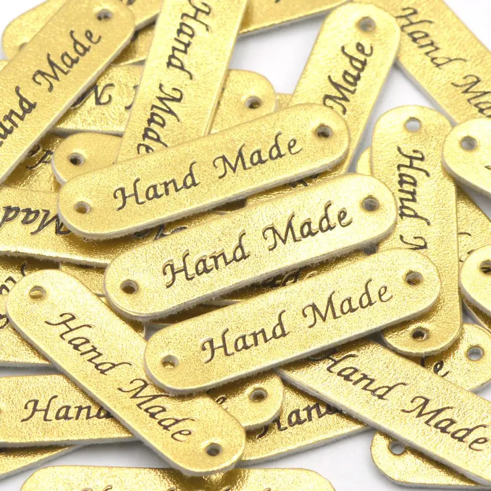 KALASO Wholesale 30pcs Gold Color Handmade Labels Tags Clothes Garment PU Leather Jeans Bags DIY Craft Knitting Sewing Supplies